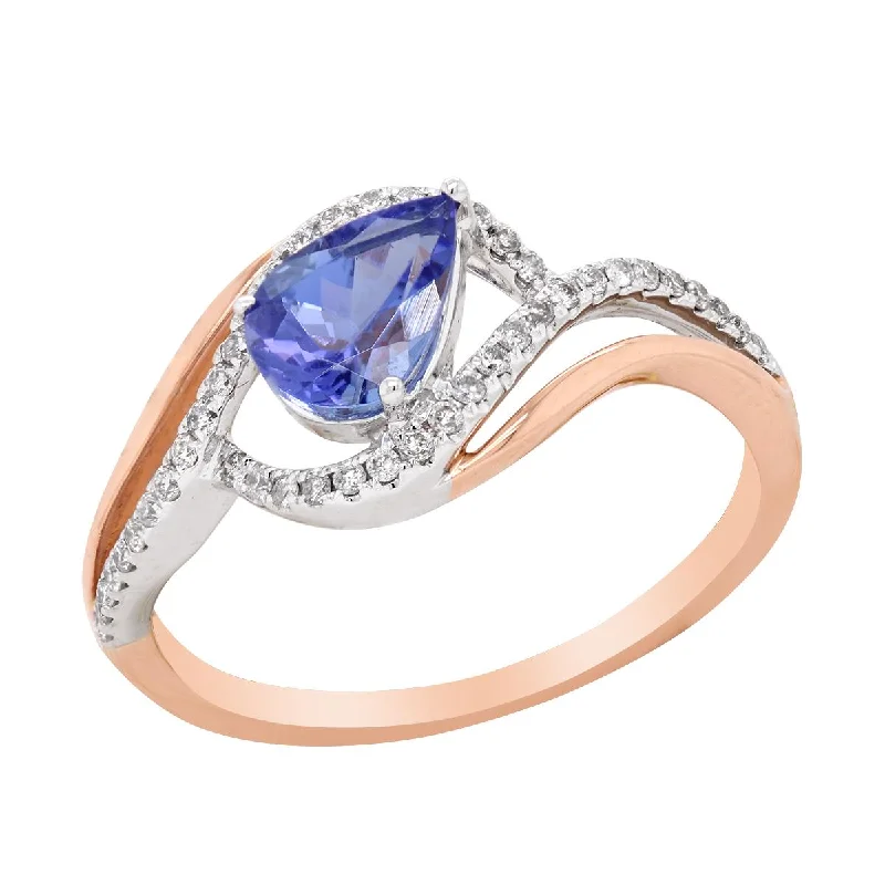 Trendy Fashion Rings For Statement Look-MODERN TWO-TONE GOLD BYPASS STYLE FASHION RING WITH TANZANITE AND DIAMONDS, .18 CT TW