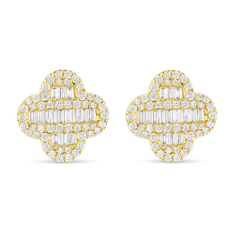 Simple Diamond Earrings For Luxury Style-Baguette & Round Diamond Clover Stud Earrings 0.85 ctw