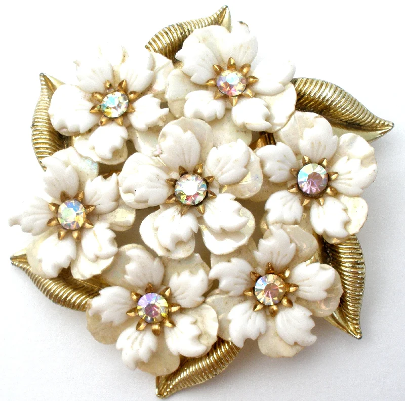 Brooch For Winter Outfits-Coro White Flower Rhinestone Brooch Pin Vintage