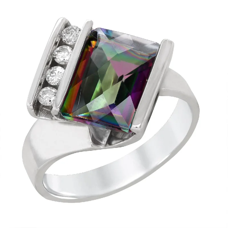 Simple Wedding Rings For Minimalist Brides-WHITE GOLD RING WITH FANCY MYSTIC TOPAZ AND DIAMONDS, 1/5 CT TW