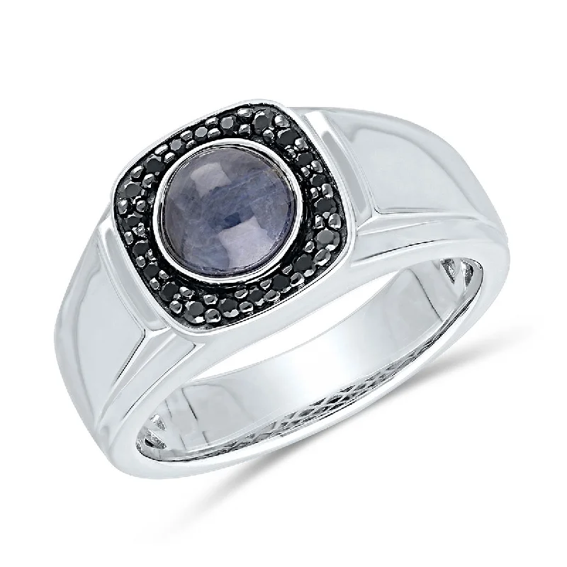 Simple Gold Rings For Classic Look-MEN'S WHITE GOLD FASHION RING WITH OVAL SHAPED CABOCHON SAPPHIRE AND BLACK DIAMOND HALO, .19 CT TW