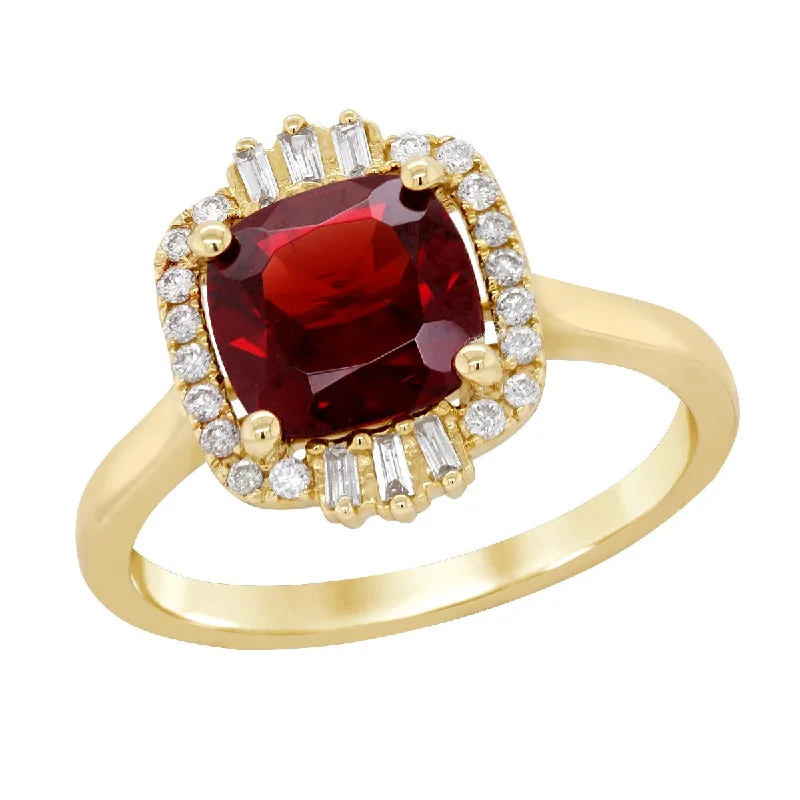 Elegant Solitaire Diamond Rings For Proposals-YELLOW GOLD RING WITH CUSHION SHAPED GARNET AND DIAMOND HALO, .21 CT TW