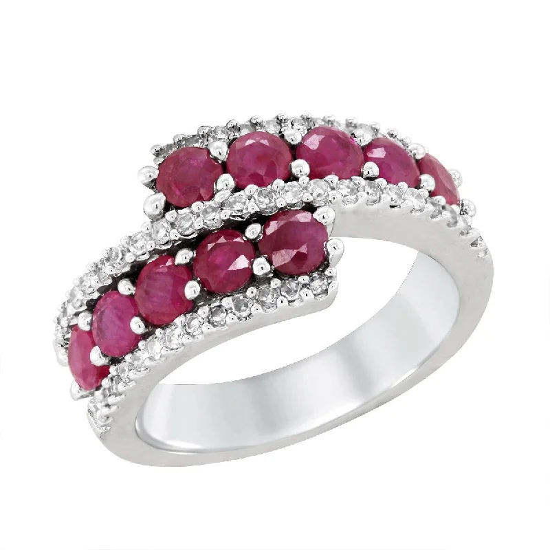 Elegant Wedding Ring Sets For Brides-WHITE GOLD BYPASS STYLE FASHION RING WITH RUBIES AND DIAMONDS, 1/2 CT TW