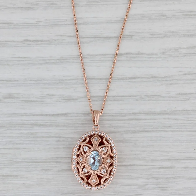 Custom Birthstone Necklaces For Gifts-0.92ctw Aquamarine Lab Created Sapphire Diffuser Locket Necklace 10k Rose Gold