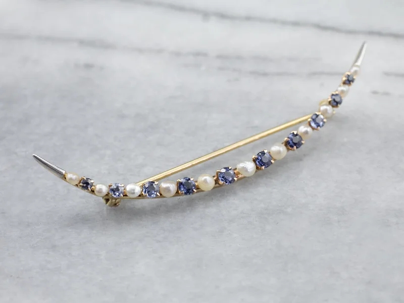 Brooch For Women-Crescent Moon Sapphire and Pearl Brooch