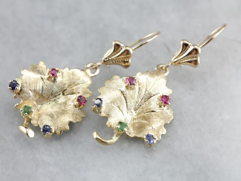 Classic Pearl Earrings For Bridal Look-Sapphire and Ruby Leaf Gold Drop Earrings