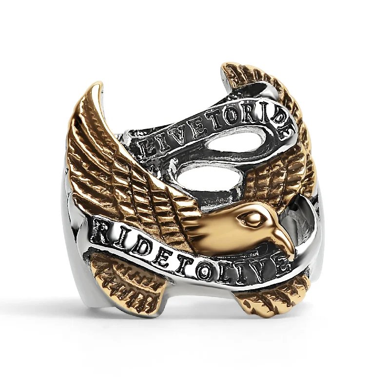 Unique Promise Rings For Loved Ones-Stainless Steel 18K Gold PVD Coated "Live To Ride" "Ride To Live" Eagle Biker Ring / SCR3086