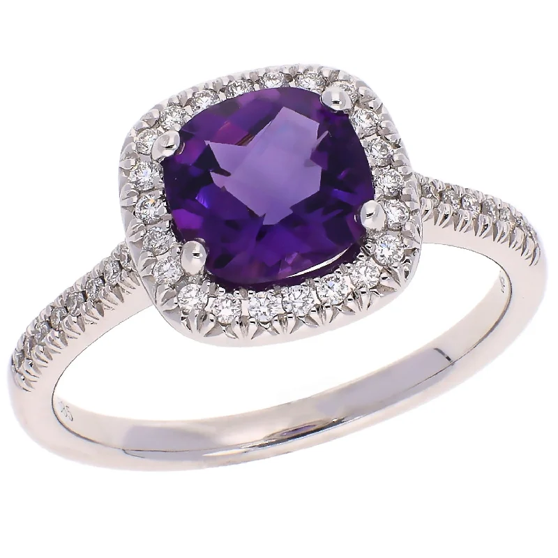 Trendy Silver Rings For Casual Fashion-14K White Gold Cushion Cut Amethyst with Diamond Halo Fashion Ring