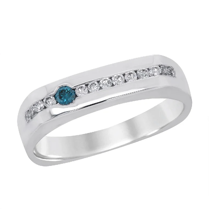 Fashionable Gold Rings For Trendy Look-MEN'S WHITE GOLD RING WITH A ROW OF DIAMODNS AND A BLUE DIAMOND, .27 CT TW