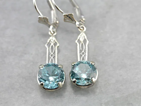 Simple Gold Stud Earrings-Art Deco Blue Zircon Filigree White Gold Drop Earrings