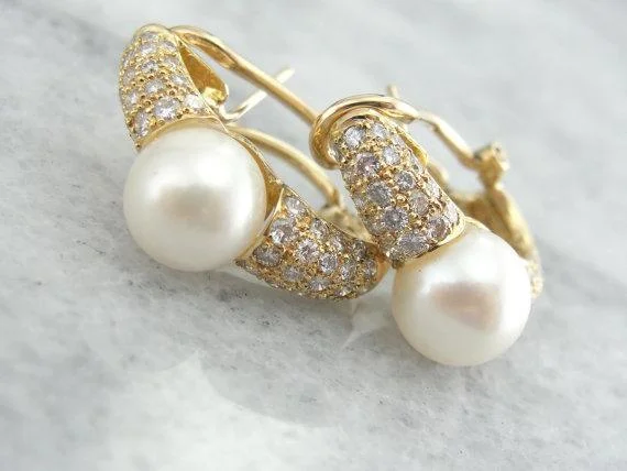 Stylish Earrings For Office Wear-Diamonds and Mabe Pearl Earrings in Fine Gold