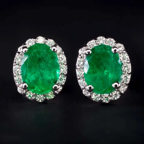 Crystal Dangle Earrings For Luxury Look-1 CARAT EMERALD DIAMOND STUD EARRINGS OVAL SHAPE CUT HALO NATURAL WHITE GOLD 1ct