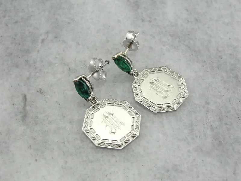 Sterling Silver Earrings For Sensitive Ears-Elegant Emeralds and M Monogram Drop Earrings