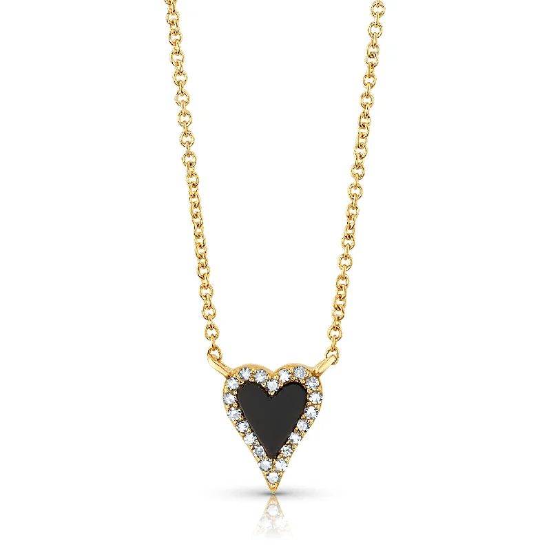 Simple Crystal Necklaces For Casual Look-BLACK ONYX & DIAMOND HEART DAINTY CHAIN NECKLACE, 14KT GOLD