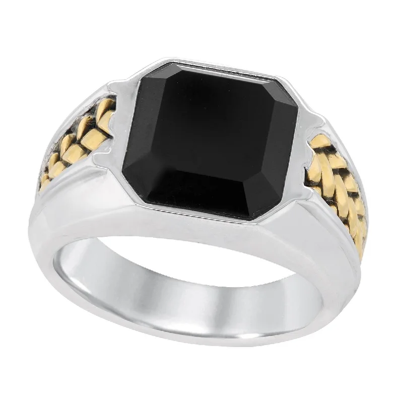 Unique Custom Wedding Rings For Couples-MEN'S SILVER AND YELLOW GOLD FASHION RING WITH BLACK ONYX