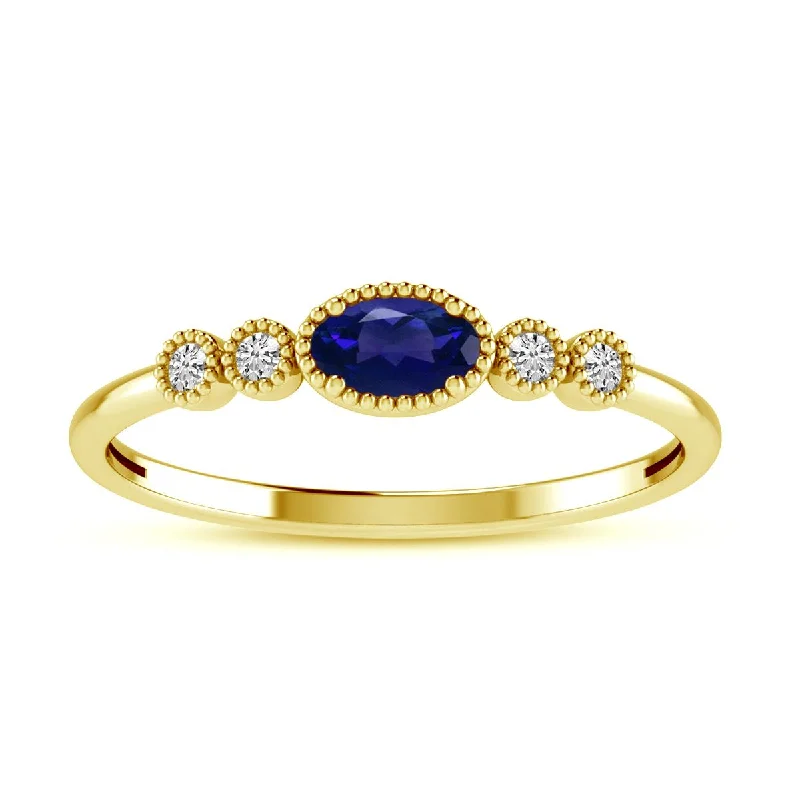 Classic Ruby Rings For Wedding Proposals-YELLOW GOLD RING WITH OVAL SAPPHIRE AND ROUND CUT DIAMONDS, .06 CT TW