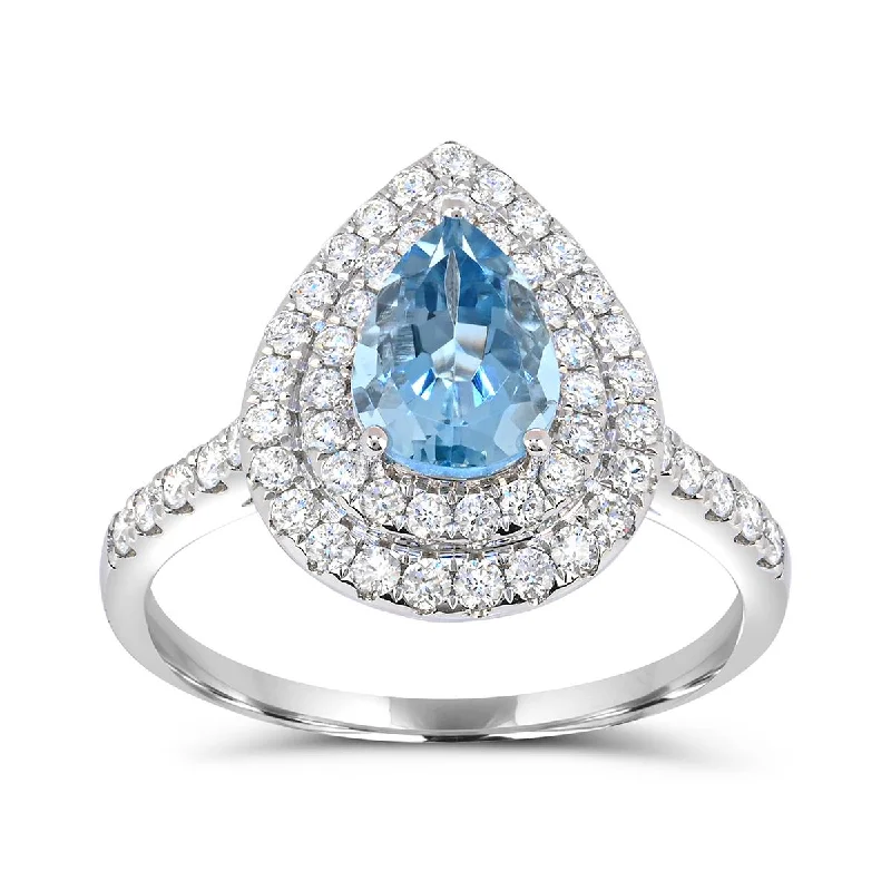 Bold Fashion Rings For Unique Style-WHITE GOLD FASHION RING WITH PEAR SHAPED AQUAMARINE AND DIAMOND HALO, .55 CT TW