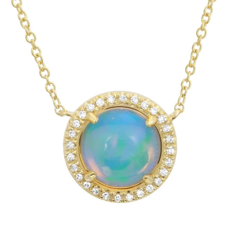 Beautiful Diamond Necklaces For Luxury Gifts-14k Yellow Gold Diamond & Opal RoundNecklace