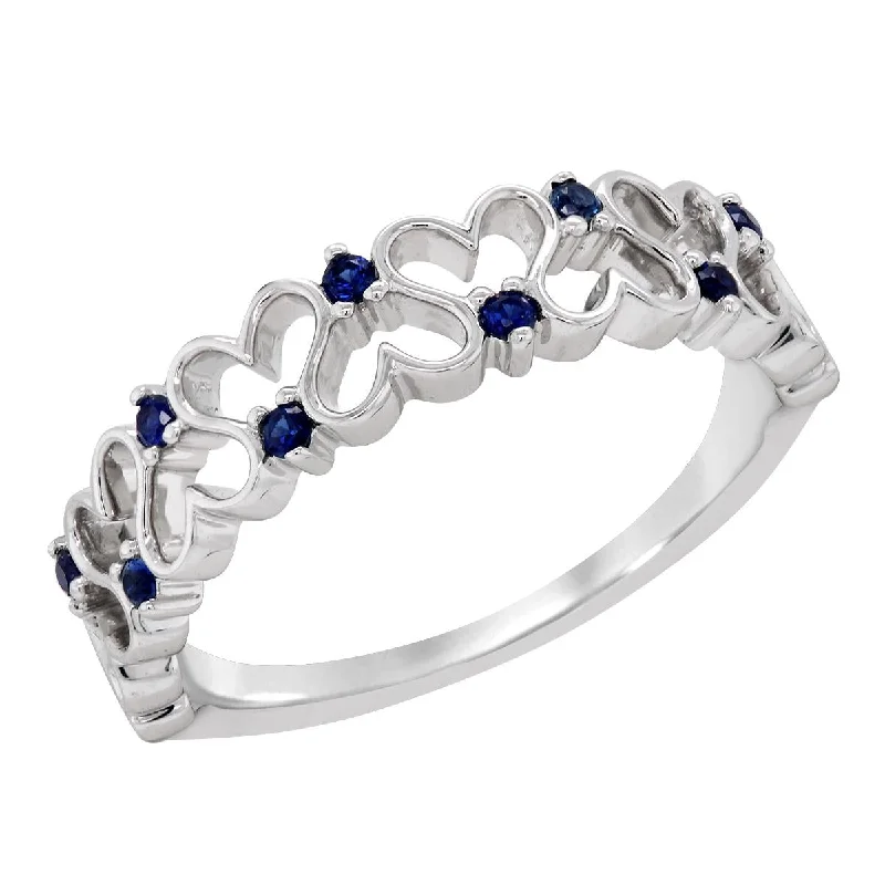 Elegant Wedding Bands For Men-WHITE GOLD FASHION RING WITH HEART PATTERN AND 9 SAPPHIRES