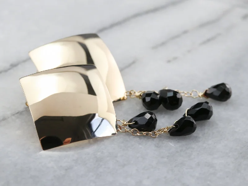 Vintage Style Earrings For Weddings-Yellow Gold and Black Onyx Beaded Earrings