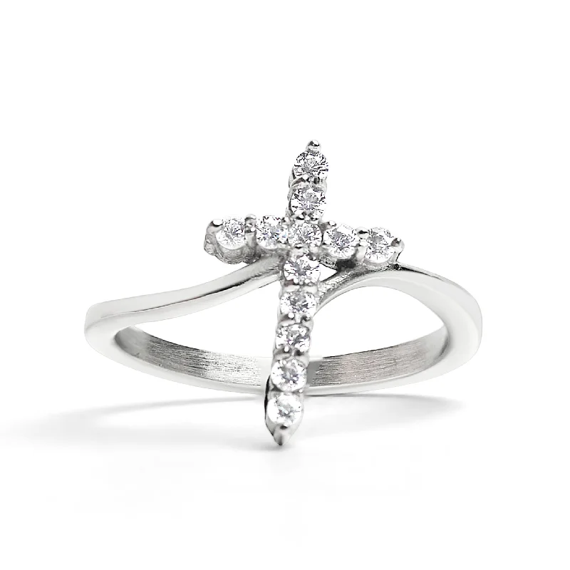 Luxury Sapphire Rings For Elegant Events-Stainless Steel CZ Cross Ring / FSR0002