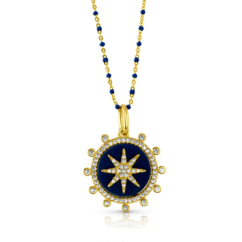 Romantic Pendant Necklaces For Lovers-SUNBRUST PENDANT AND BEADED CHAIN NECKLACE, GOLD LAPIS