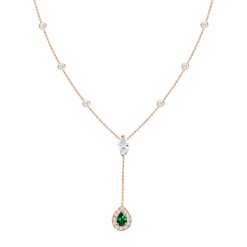 Romantic Pendant Necklaces For Lovers-18K Rose Gold Diamond + Emerald Y Necklace