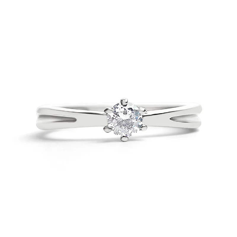 Elegant Solitaire Rings For Engagement-Polished Side Grooves Stainless Steel Round Prong Set CZ Ring / ZRJ4136