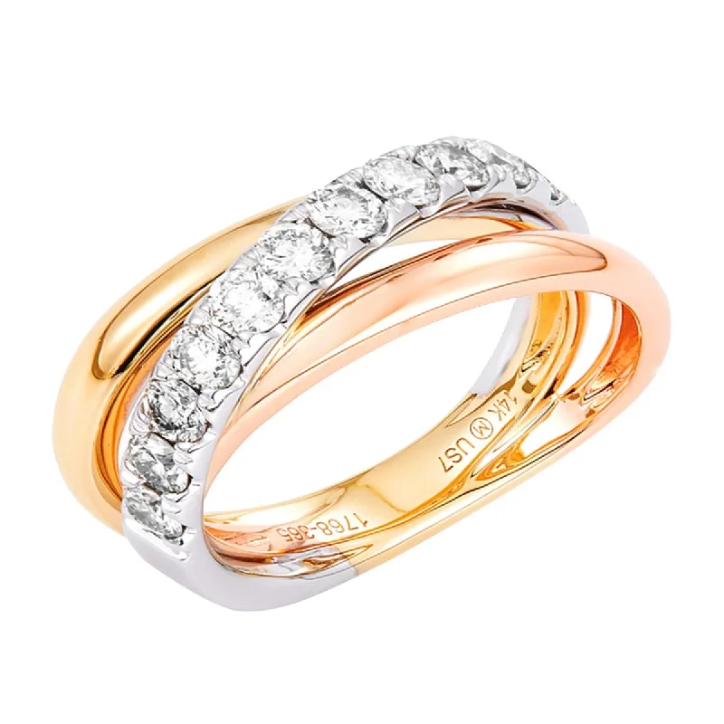 Classic Engagement Bands For Traditional Look-TRI-TONE GOLD FASHION RING WITH 11 DIAMONDS, .92 CT TW