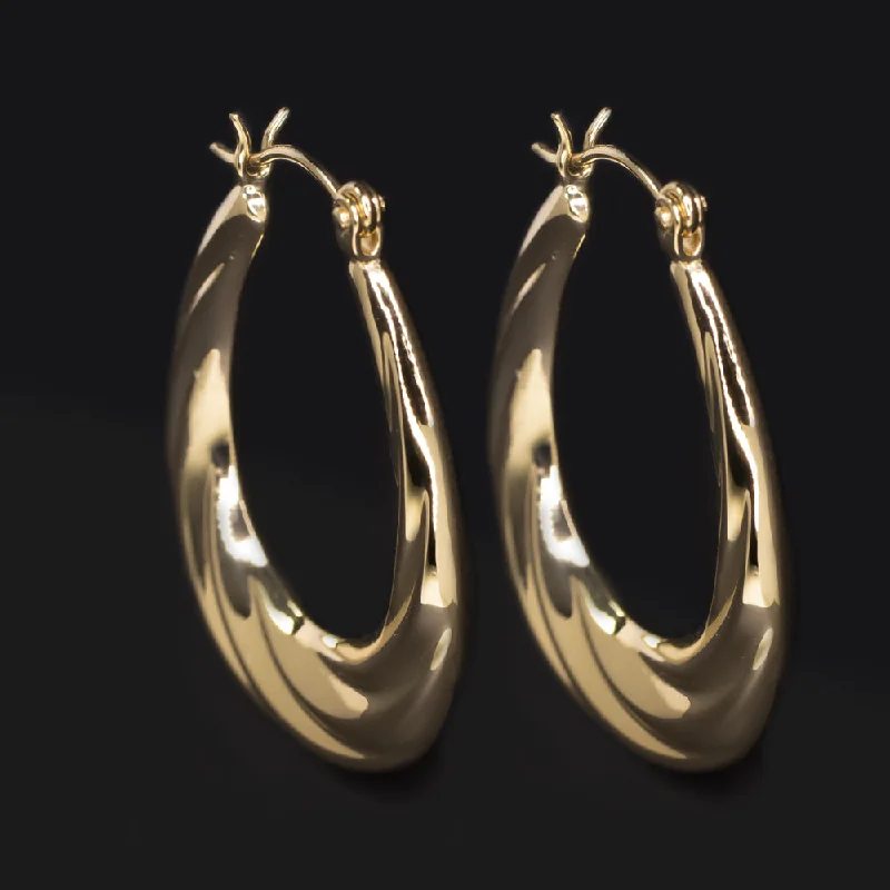 Unique Earrings For Special Anniversaries-14K YELLOW GOLD OVAL HOOP EARRINGS TWIST SIMPLE CLASSIC EVERYDAY BIG LIGHTWEIGHT