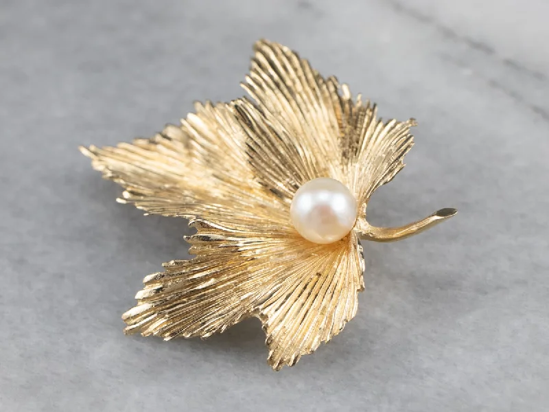 Custom Brooch For Wedding Gifts-Golden Pearl Grape Leaf Brooch