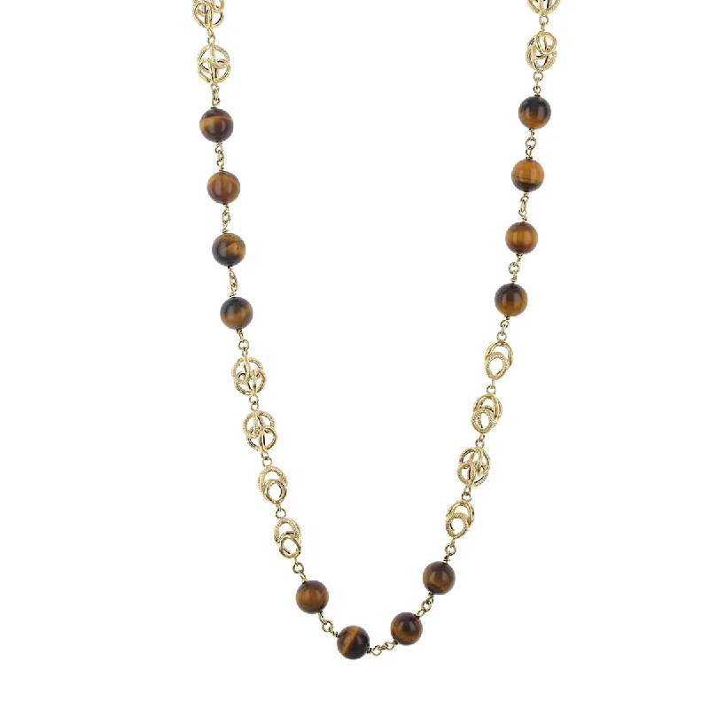 Minimalist Gemstone Necklaces For Subtle Style-14K Yellow Gold Tiger's Eye and Bead Link Necklace