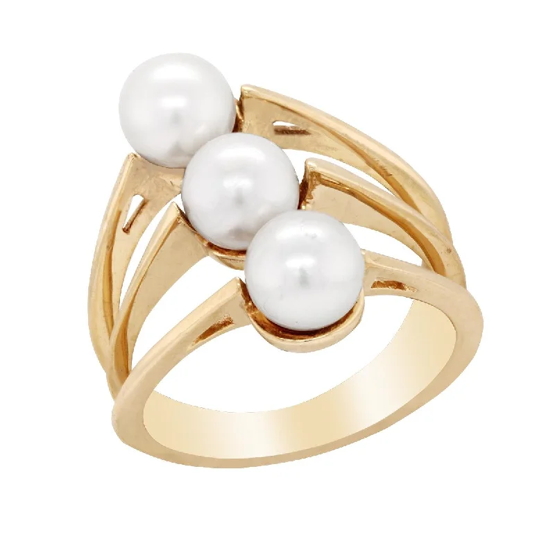 Unique Wedding Rings For Couples-YELLOW GOLD FASHION RING WITH OPEN SHANK AND 3 PEARLS