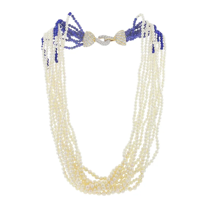 Sparkling Necklaces For Glamorous Evening-10-Strand Pearl and Lapis Lazuli Necklace with Diamond Clasp