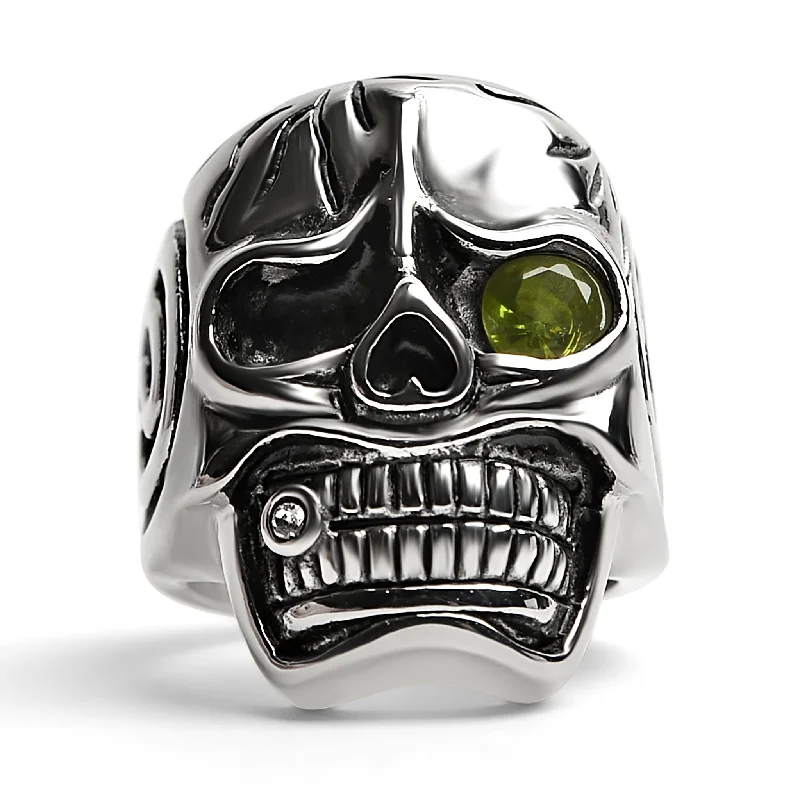 Beautiful Birthstone Rings For Family Gifts-Detailed skull with Green CZ Eye Stone Stainless Steel Ring / SCR4092