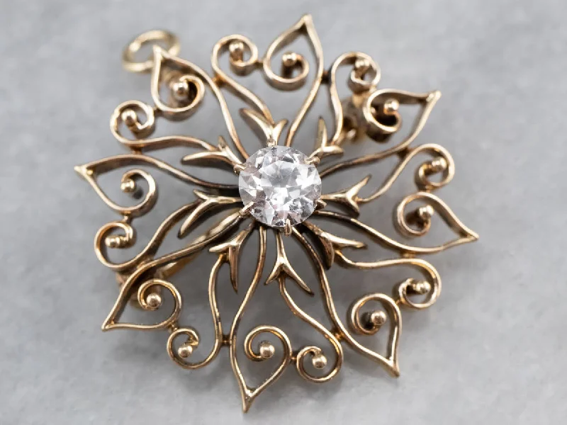 Custom Rose Brooch For Brides-Antique White Sapphire Gold Filigree Brooch Pendant