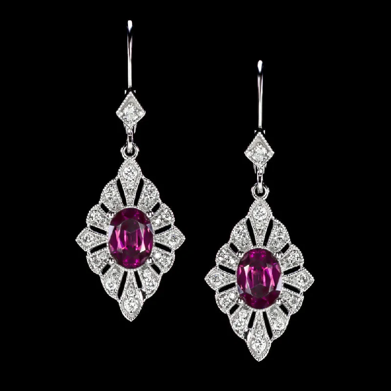 Gorgeous Earrings For Evening Outfits-RHODOLITE GARNET DIAMOND DANGLE EARRINGS VINTAGE STYLE ART DECO HALO WHITE GOLD