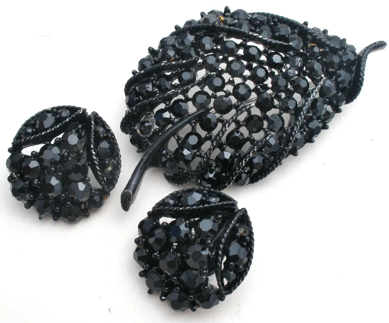 Unique Brooch For Special Events-Leaf Brooch Jewelry Set Black Enamel & Rhinestones