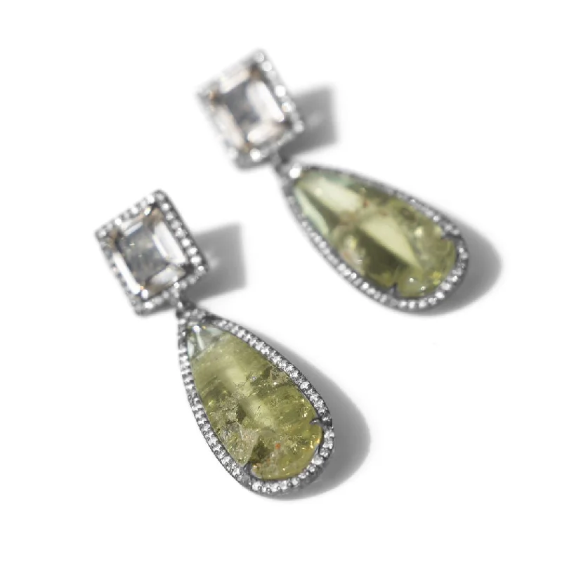 Trendy Earrings For Teens-Rutilated Golden Quartz & Yellow Beryl Teardrop Diamond Earrings  SE000028