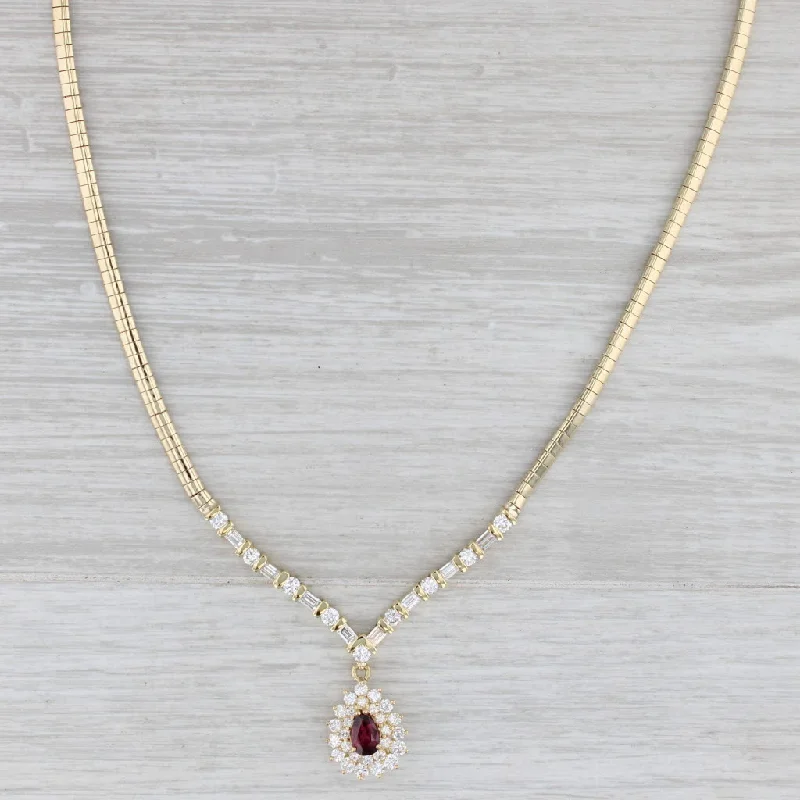 Lightweight Necklaces For Everyday Comfort-3.31ctw Ruby Diamond Halo Teardrop Pendant Necklace 14k Gold 17" Omega Chain