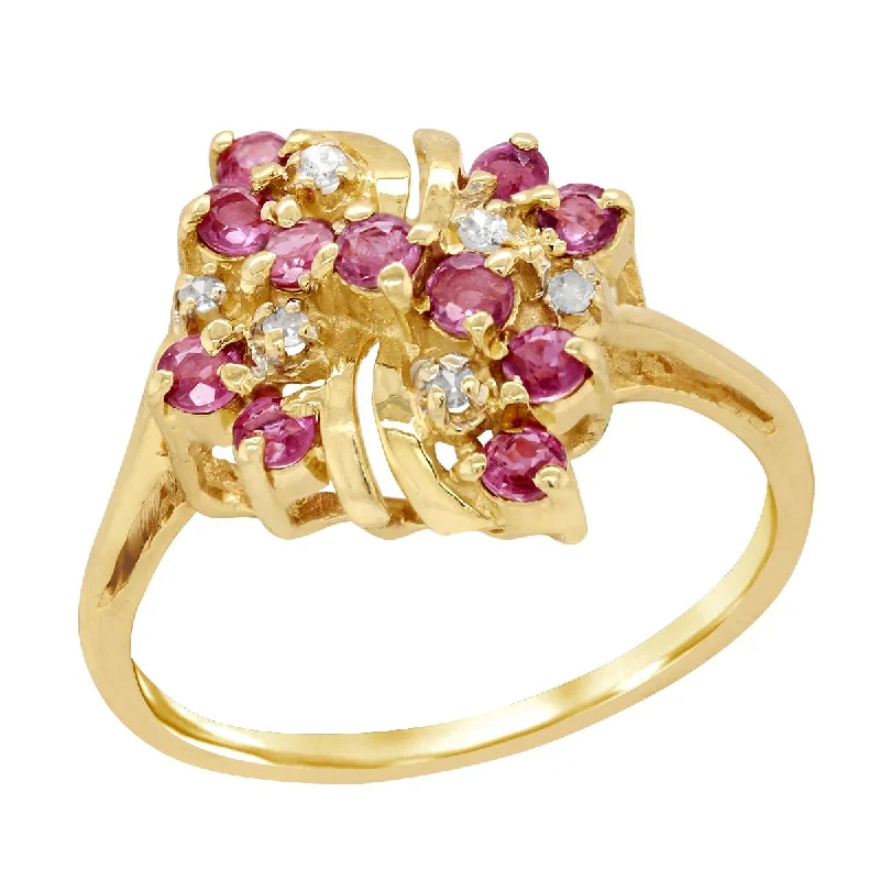 Classic Wedding Rings For Traditional Brides-YELLOW GOLD FASHION RING WITH PINK SAPPHIRES AND DIAMONDS, .06 CT TW