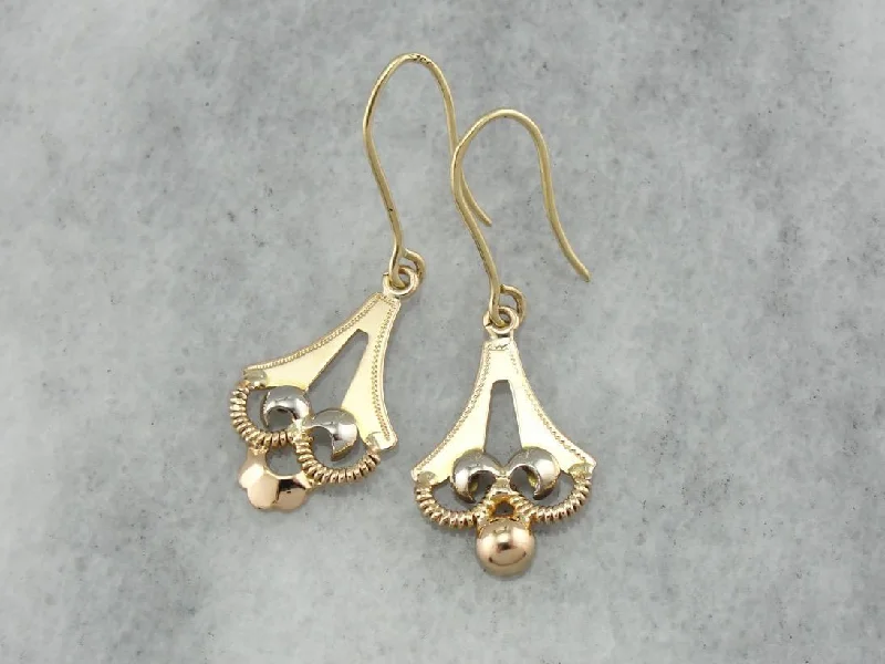 Trendy Earrings For Summer Fashion-Oh Italy! Vintage Etruscan Themed Gold Earrings, Pretty Tri Color Gold Drop Earrings