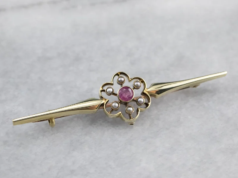 Brooch For Spring Outfits-Antique Pink Sapphire Seed Pearl Brooch