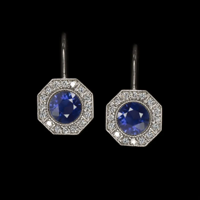 Contemporary Earrings For Sophisticated Style-2.36ct SAPPHIRE DIAMOND DROP EARRINGS VINTAGE STYLE DANGLE ART DECO HALO BLUE