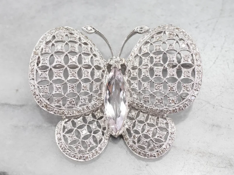 Stylish Brooch For Party Wear-Platinum Morganite Diamond Butterfly Brooch