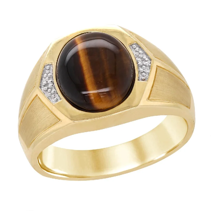 Simple Wedding Bands For Men-YELLOW GOLD MENS FASHION RING WITH TIGER EYE AND DIAMONDS, .006 CT TW