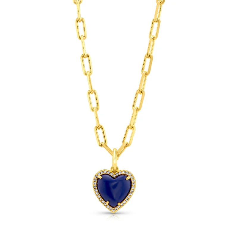 Trendy Cross Necklaces For Bold Fashion-PRECIOUS GEM HEART CHAIN NECKLACE, LAPIS GOLD