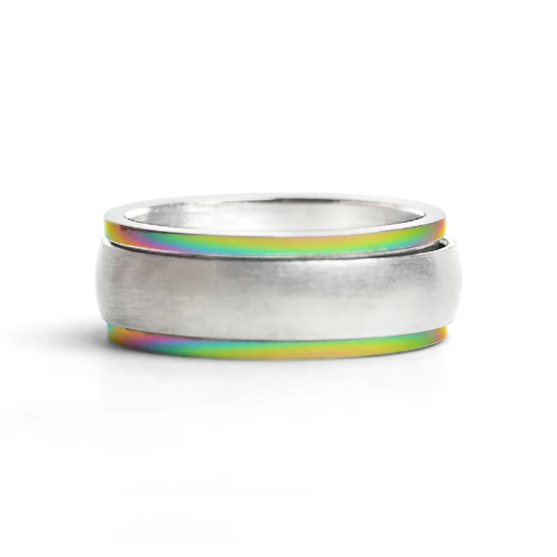 Simple Wedding Rings For Minimalist Brides-Rainbow Edge Stainless Steel Polished Spinner Center Ring / SRJ9003