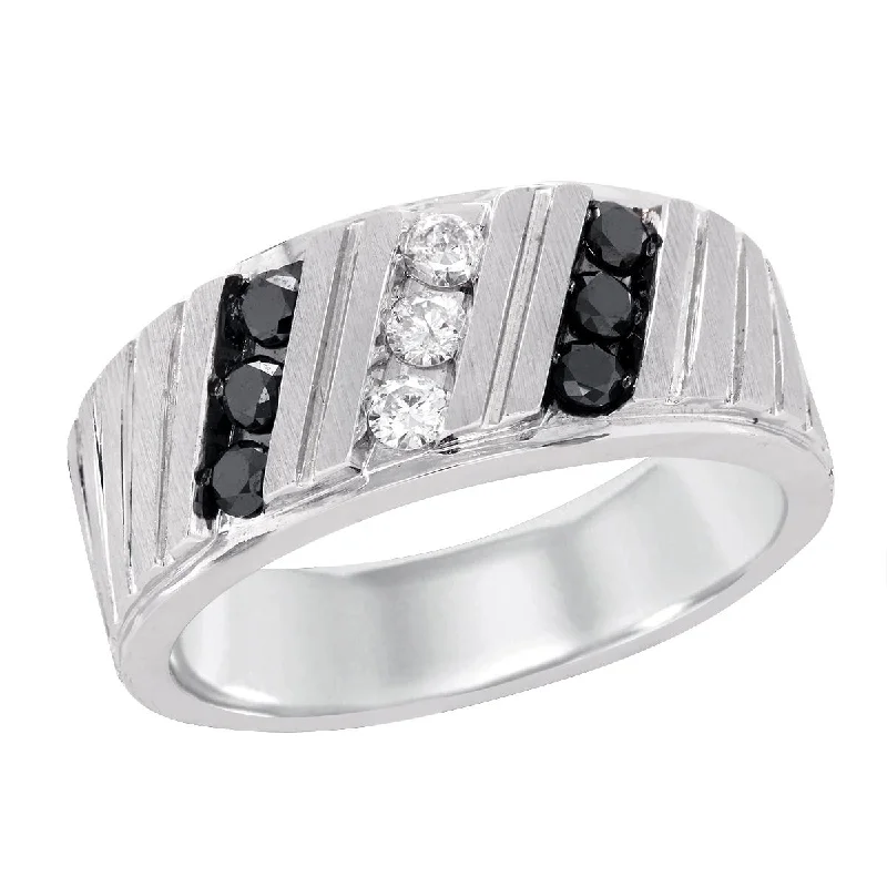 Modern Diamond Rings For Engagement-MEN'S WHITE GOLD RING WITH ROWS OF ROUND WHITE AND BLACK DIAMONDS, 1/2 CT TW