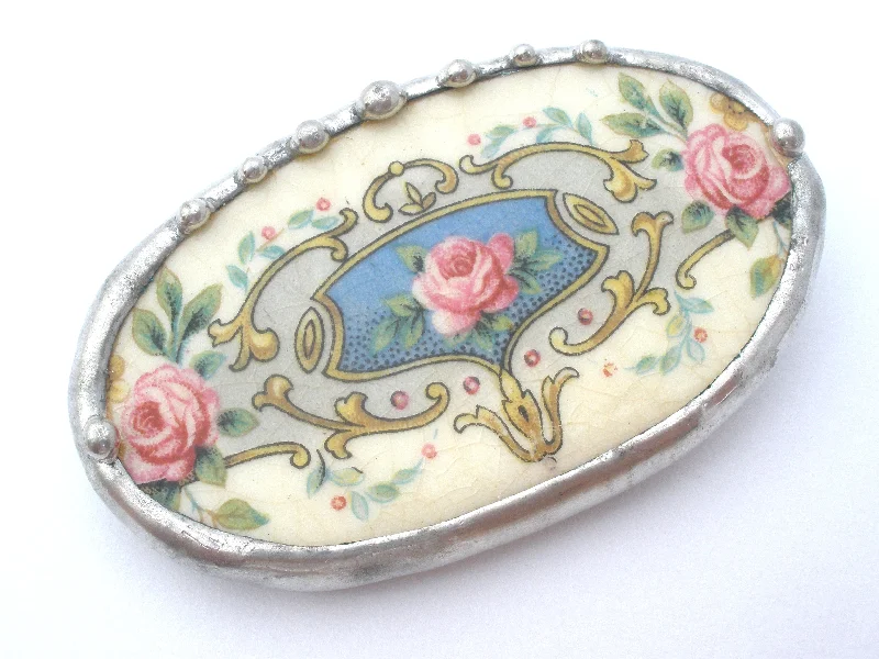 Unique Brooch For Bridesmaids-Broken China Rose Oval Brooch Vintage